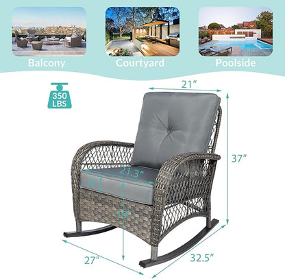 MEETWARM Outdoor Wicker Rocking Chairs Set of 2, Rattan Patio Rocker Chairs with Thick Cushions and High Back, All-Weather Patio Wicker Chair with Safe Rocking Design for Garden, Gray