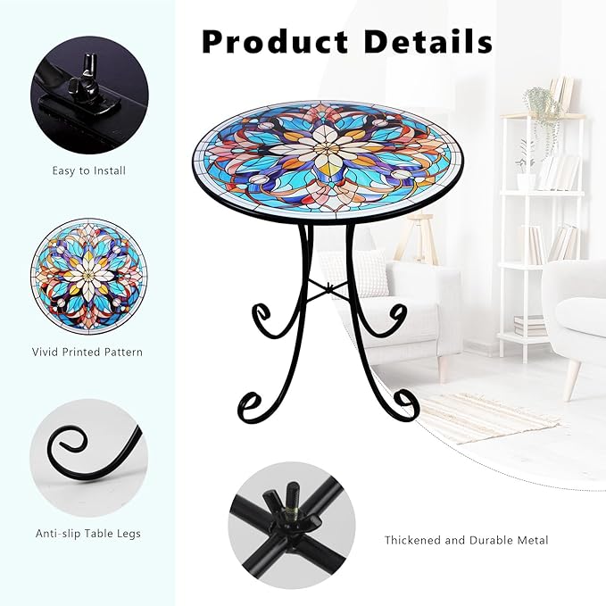 Mosaic Side Table Outdoor, 18 Inch Metal Accent Table, Indoor Small Round End Tables - Photo 4