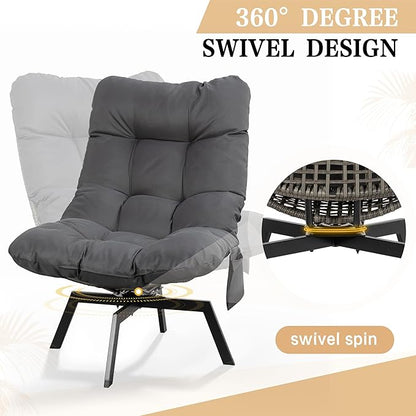 Vongrasig Swivel Wicker Chair PE Rattan Chair with Cushion, Oversized Patio Lounge Chair for Outdoor, Indoor, Balcony, Backyard, Garden, Living Room, Black Rattan