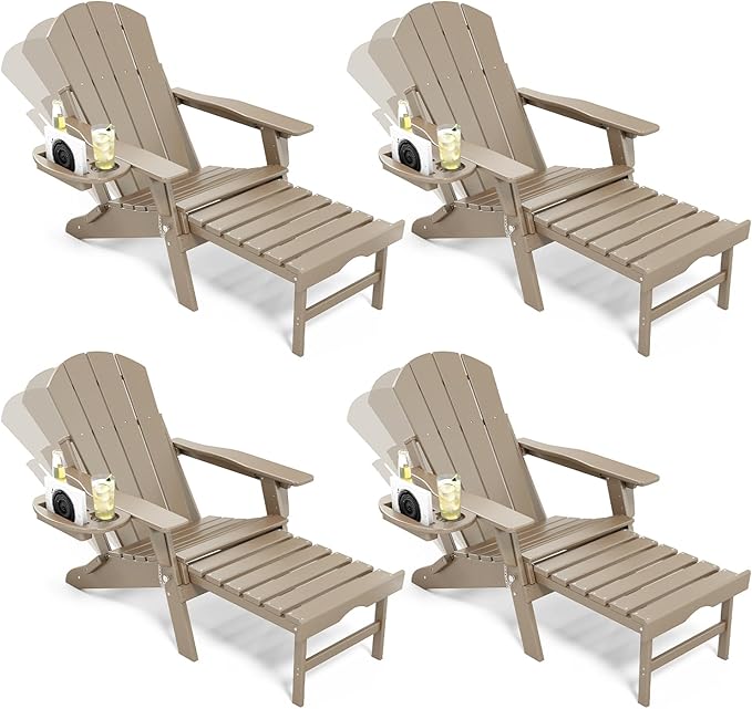 Adjustable Adirondack Chair with Retractable Ottoman Set of 4, HDPE Folding Adirondack Chair with Cup Holder, All Weather Fire Pit Chair for Outdoor.