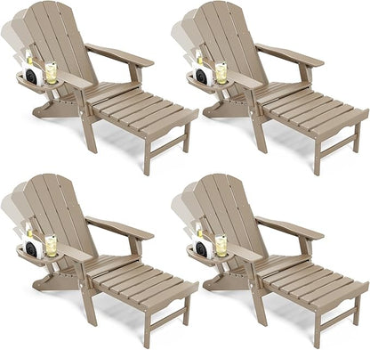 Adjustable Adirondack Chair with Retractable Ottoman Set of 4, HDPE Folding Adirondack Chair with Cup Holder, All Weather Fire Pit Chair for Outdoor.