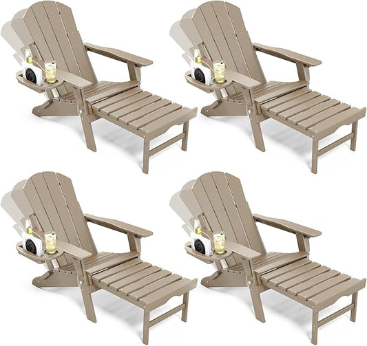 Adjustable Adirondack Chair with Retractable Ottoman Set of 4, HDPE Folding Adirondack Chair with Cup Holder, All Weather Fire Pit Chair for Outdoor.