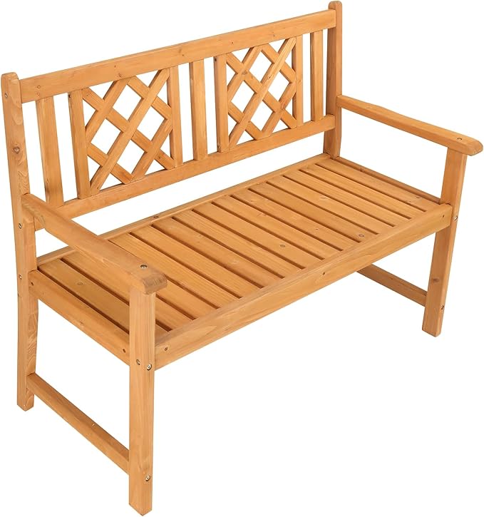 Outdoor Bench Weatherproof, Wooden Garden Bench, Outdoor Wood Patio Bench, Rustic Two Person Loveseat Chair w/Armrest for Porch Poolside Park Backyard Balcony, Capacity 605Lbs, Grid Backrest Burlywood