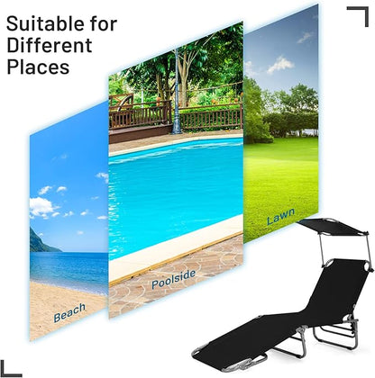 Giantex Outdoor Folding Chaise Lounge, Portable Tanning Chair with 5 Adjustable Positions, 360° Canopy Shade, Side Storage Pocket, Patio Lounge Chair for Beach, Lawn Sunbathing Chair (2, Black)