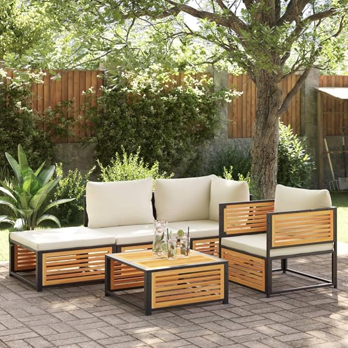 Cream White Acacia Garden Chair with Cushions, Solid Acacia Wood and Metal Frame for Patio, Garden, Balcony - Photo 4