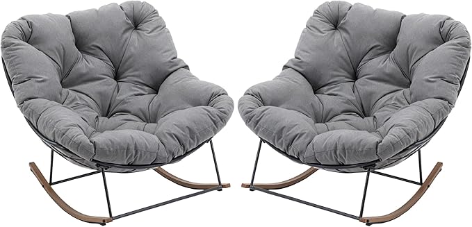Outdoor Patio Rocking Chair, Oversized Papasan Chair with Cushion and Frame, Comfy Modern Rocker Egg Chair for Living Room, Garden Backyard,Grey2pc
