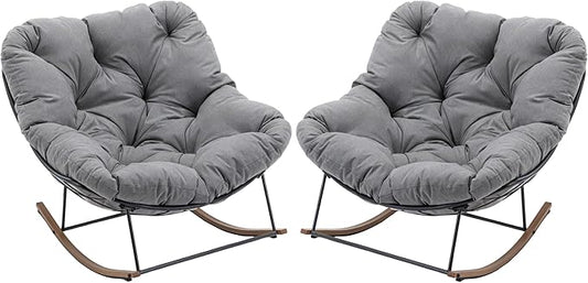 Outdoor Patio Rocking Chair, Oversized Papasan Chair with Cushion and Frame, Comfy Modern Rocker Egg Chair for Living Room, Garden Backyard,Grey2pc
