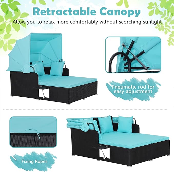 Tangkula Patio Rattan Daybed with Retractable Canopy, Patiojoy Wicker Sun Lounger with 2 Foldable Side Panels - Photo 5