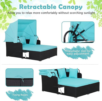 Tangkula Patio Rattan Daybed with Retractable Canopy, Patiojoy Wicker Sun Lounger with 2 Foldable Side Panels, Thick Seat & Back Cushions, for Garden, Backyard, Porch (Turquoise)