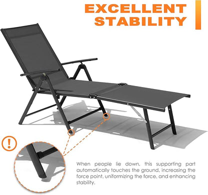 NUU GARDEN Folding Beach Lounge Chair 2-Pack,Chaise Lounge with Iron Frame and Breathable Textilene Fabric for Beach, Yard, Pool and Patio, Grey