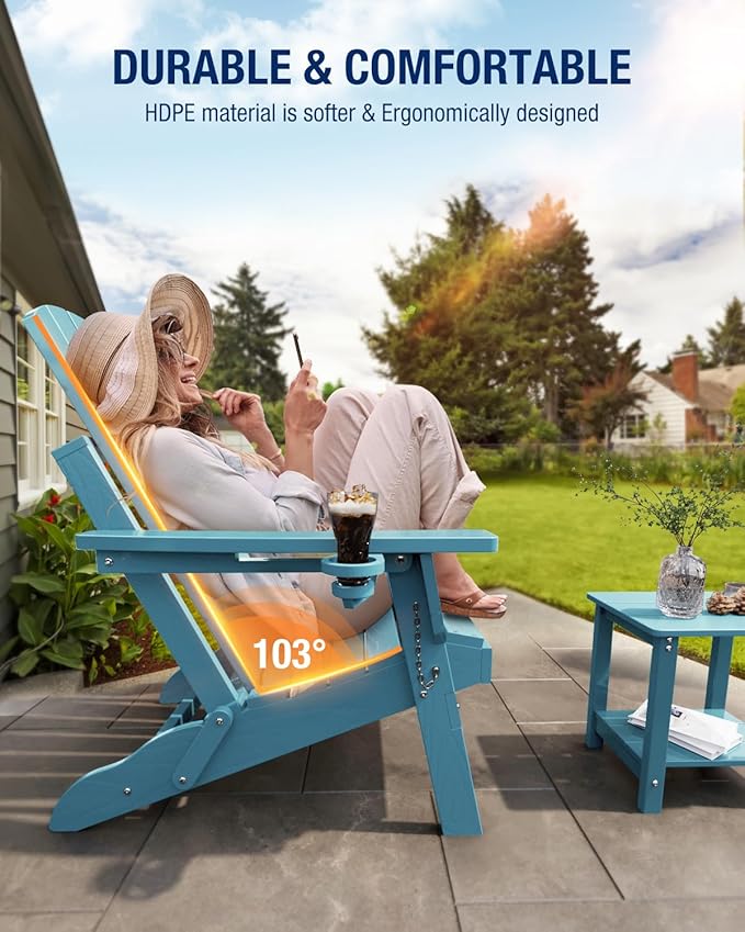 Adirondack Chair with Cup Holder: Adirondack Chairs set of 2 Plastic HDPE Material Furniture - Composite Fire Pit Chairs Foldable for Outdoor/Backyard/Garden/Lawn/Deck/Porch/Patio