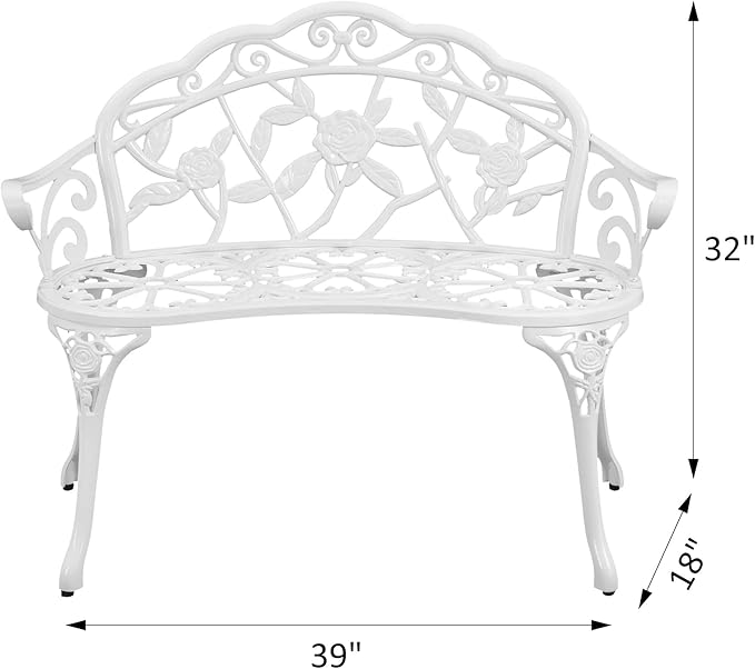 HOMEFUN Outdoor Bench, Patio Garden Benches Metal Loveseat White Cast-Aluminum Outside Furniture for Park Lawn Front Porch