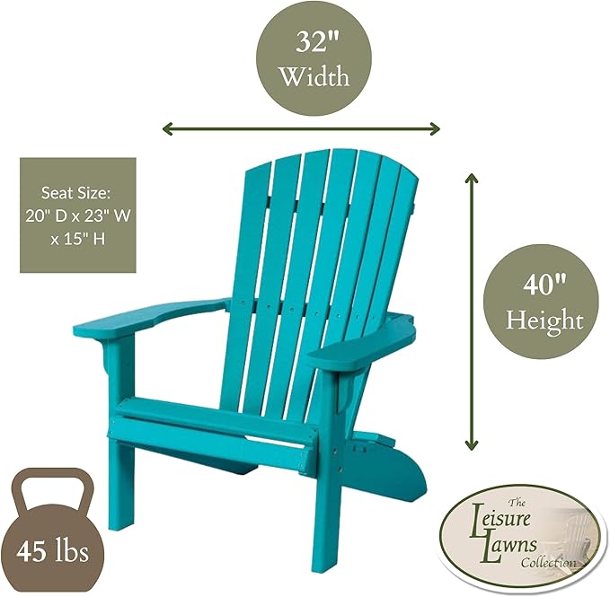 Leisure Lawns Poly Plastic Fanback Adirondack Chair, Outdoor Patio Chair - Amish Made in USA (Turquoise)