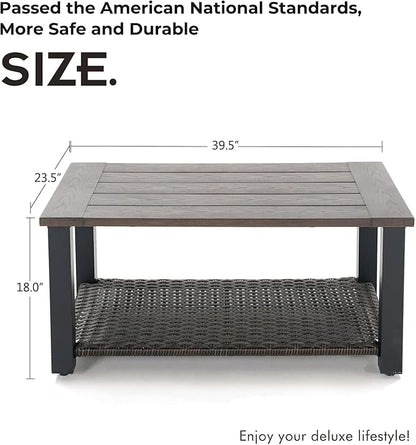Grand patio Outdoor Coffee Table with Wicker Shelf Storage, 40-inch Rectangle Modern Patio Coffee Table with Faux Wood Tabletop, Fits with Outdoor Conversation Set