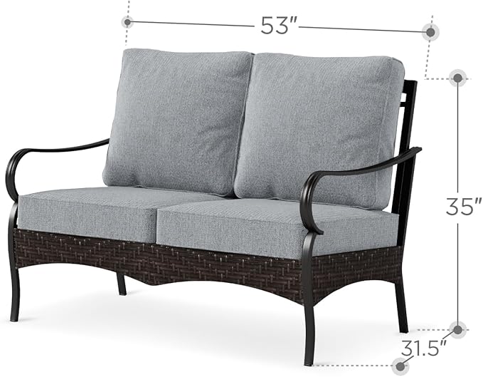 PHI VILLA Wicker & Metal Outdoor 2-Seat Patio Couch, Patio Sofa Loveseat with Deep Seating for Front Porch, Deck - Photo 2