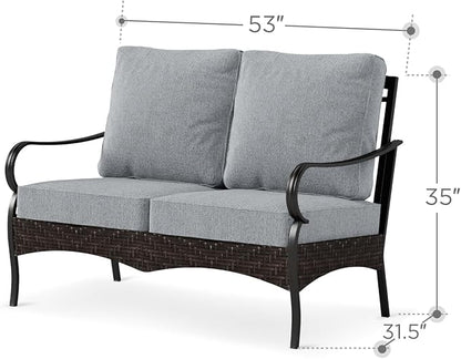 PHI VILLA Wicker & Metal Outdoor 2-Seat Patio Couch,Patio Sofa Loveseat with Deep Seating for Front Porch, Deck, Balcony, Backyard, Sunroom,Grey