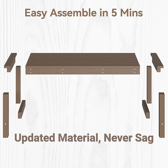 48" HDPE Outdoor Bench, All-Weather & Fade-Resistant 2-Person Garden Bench, Low Maintenance Patio Bench for Garden, Porch & Patio,Brown