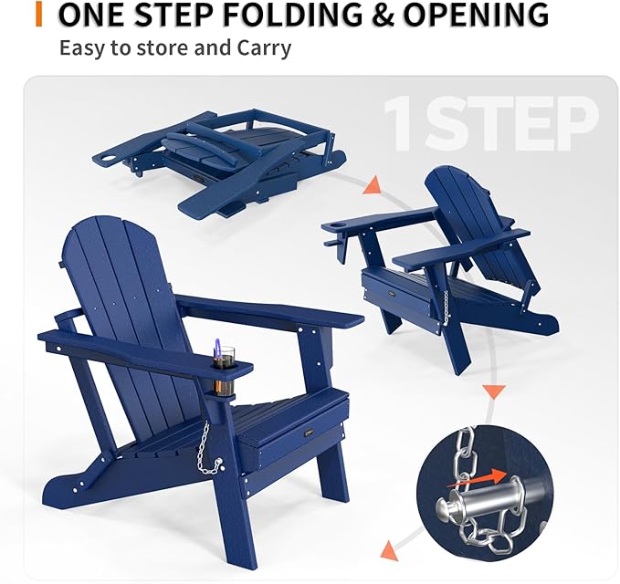 VINGLI Plastic Adirondack Chairs Set of 4, Folding with Cup Holder, Waterproof HDPE Material, Comfortable 380lb Weight Capacity for Outdoor Pool Patio Lounge Chair Lawn Furniture Firepit (Navy Blue)