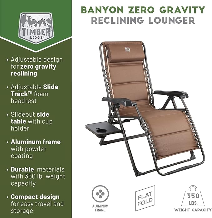 TIMBER RIDGE Aluminum Zero Gravity Chairs, Folding Recliner Chair Padded with Cup Holder and Headrest - Photo 3