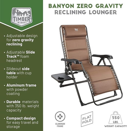 TIMBER RIDGE Aluminum Zero Gravity Chairs, Folding Recliner Chair Padded with Cup Holder and Headrest, Adjustable Lounge Reclining Chair for Outdoor Camping Lawn Patio Indoor, Supports 350lbs, Brown