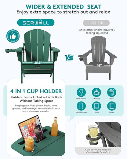 SERWALL Folding Adirondack Chair Set of 2, HIPS Adirondack Chairs with 4 in 1 Cup Holder, Weather Resistant Plastic Chairs for Patio Garden Outdoors Fire Pit - Green
