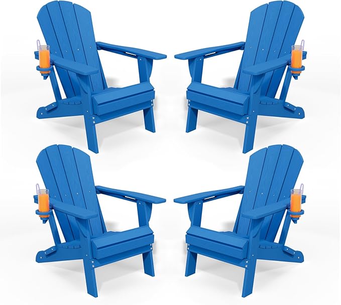 Folding Adirondack Chairs with Cup Holders, Set of 4 HDPE Plastic Outdoor Chairs, Weather Resistant, Real Wood Look - Photo 3