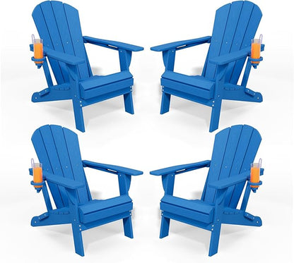 Folding Adirondack Chairs with Cup Holders, Set of 4 HDPE Plastic Outdoor Chairs, Weather Resistant, Real Wood Look, Heavy-Duty Patio Furniture for Deck, Fire Pit, Backyard, Blue
