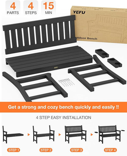 YEFU Outdoor Bench for Patio Waterproof: Heavy Duty 2-Person Garden Bench with 2 Cup Holders & Oversized Seating - HIPS Weatherproof Patio Benches for Front Porch Backyard Park, Black