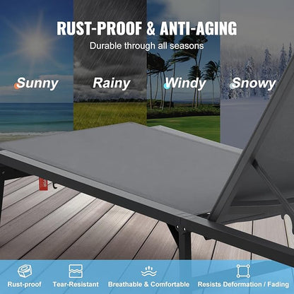 VEVOR 2 Pcs Chaise Lounge Chairs Outdoor, Aluminum Patio Lounge Chair with Adjustable 5-Position, Folding Pool Chairs Recliner and Full Flat Tanning Chair for Patio, Beach, Pool, Gray, 2 pcs