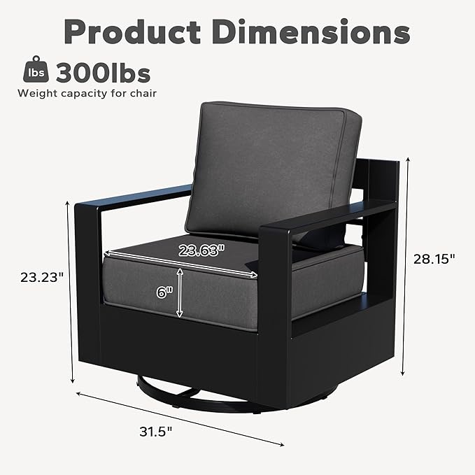 Aluminum Patio Swivel Chair - Outdoor Swivel Rocking Chair with 6" Thick Removable Cushions, All-Weather Metal Frame - Photo 3