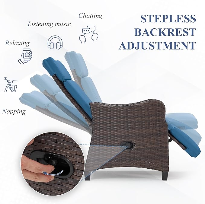 HOMREST Outdoor Recliner Chair with Flip-up Table Set of 2, Rattan Armchair with 150°Adjustable Backrest, Wicker Lounge Chair with Integrated Footstool and Removable Cushion for Gardens, Navy Blue