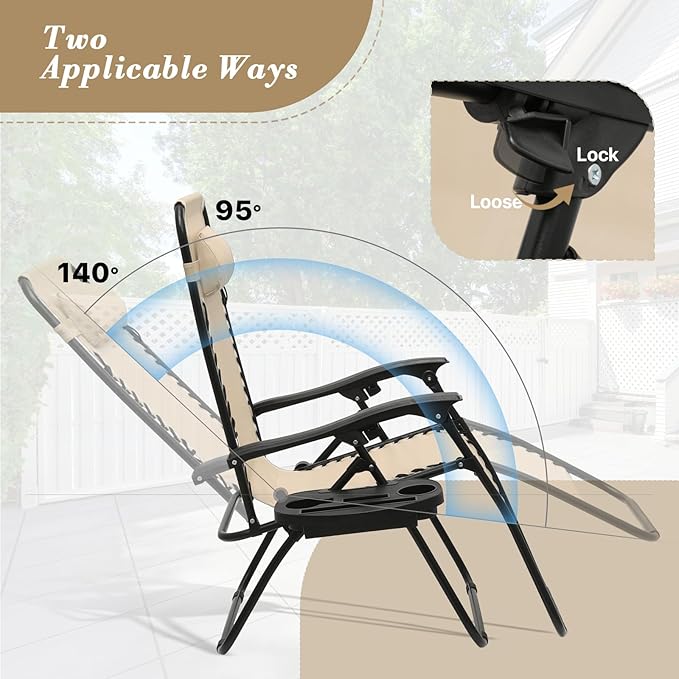 Athena Collection Zero Gravity Chair, Outdoor Lounge Chair with Adjustable Pillow and Cup Holder, Reclining Camping Chair for Outside Beach Lawn Garden Patio Poolside Set to 2- Cream