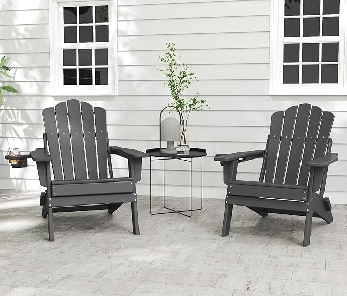 FOOWIN Adirondack Chair Set of 8, Folding HDPE Patio Chairs with Cup Holder, 400LBS Heavy Duty Commercial Fire Pit Seating for Resort, Hotel, Event, Large Deck, Grey