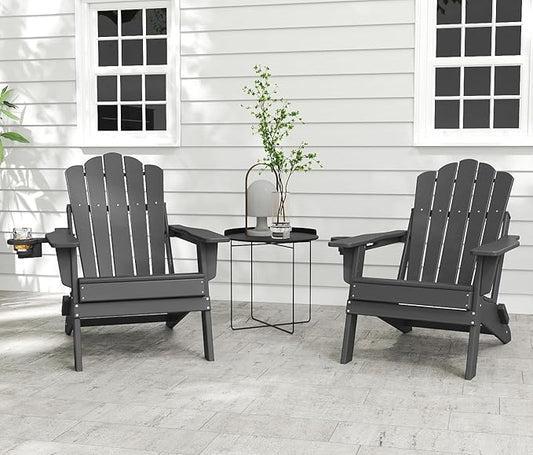 FOOWIN Adirondack Chair Set of 8, Folding HDPE Patio Chairs with Cup Holder, 400LBS Heavy Duty Commercial Fire Pit Seating for Resort, Hotel, Event, Large Deck, Grey
