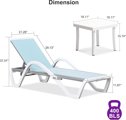 PURPLE LEAF Patio Chaise Lounge Chair Set Outside Aluminum Plastic Stackable Tanning Chairs with Armrests and Side Table for Pool Sunbathing Beach Deck Outdoor Lounger, Light Blue