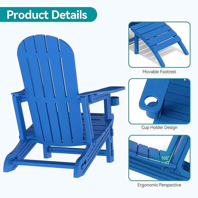Vongrasig Adirondack Chairs Set of 2 with Removable Tabletop and Footrest, All-Weather HDPE Outdoor Chair Set with Wooden Textured, Cup Holder for Patio, Poolside, Deck, Garden, Light Blue