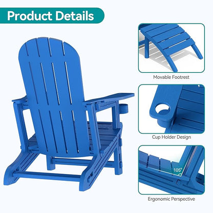 Vongrasig Adirondack Chairs Set of 2 with Removable Tabletop and Footrest, All-Weather HDPE Outdoor Chair Set with Wooden Textured, Cup Holder for Patio, Poolside, Deck, Garden, Light Blue
