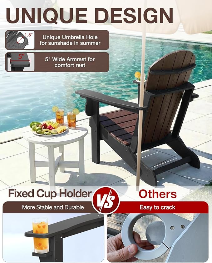 Folding Adirondack Chair –Recyclable HDPE Outdoor Adirondack Patio Chair with Cup Holder, Wood Texture & Umbrella Hole - Photo 6