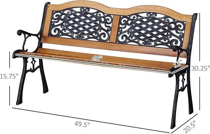 50" Outdoor Garden Bench with Wood Seat and Metal Frame 528 lb Capacity Classic Comfort Patio Bench with Antique-Like Flourishes for Backyard Deck Lawn Outside Pool Natural