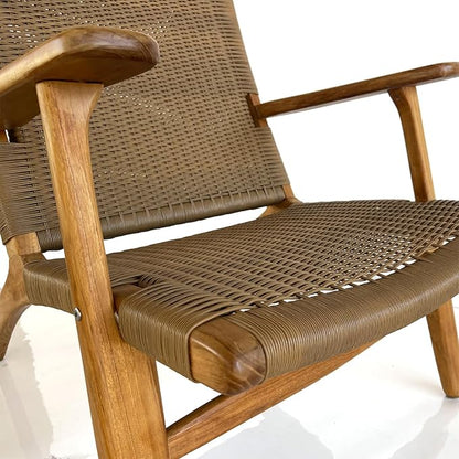 Indonesian Grade A Teak Wood Monterey Club Lounge Chair. Midcentury Modern Comfortable Design Chair Double handweaved Rope. Backyard, Poolside, Balcony Living Room. (TAN)
