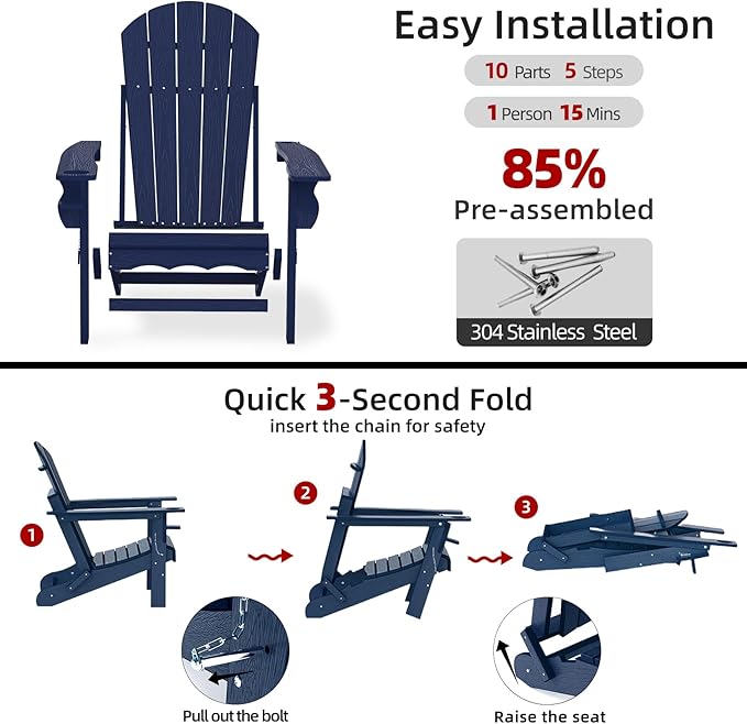 Folding Adirondack Chairs, HDPE Plastic Adirondack Chair with Cup Holder Weather Resistant - Photo 7