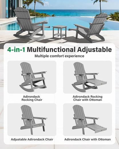 YEFU Rocking Chairs Outdoor Set of 4, Adirondack Chairs with Retractable Ottoman, Adjustable Adirondack Rocking Chair,Rockings Chair Outside,Weather Resistant,for Patio,Porch,Lawn,Heavy Duty,Grey