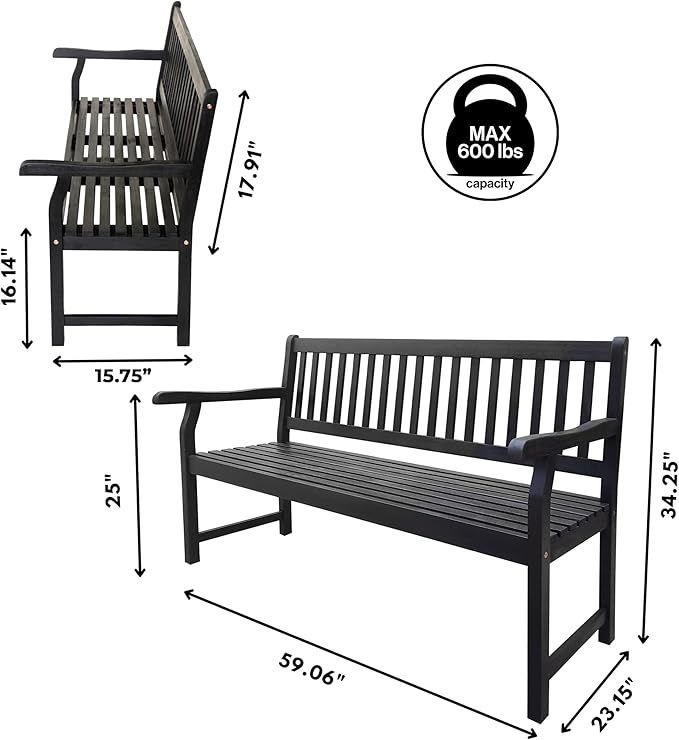 JONATHAN Y BNH101C Laurel 59.1" 3-Seat Slat-Back 600-Lbs Support Acacia Wood Outdoor Garden Patio Bench for Garden, Lawn - Photo 3
