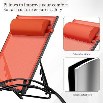 AthLike 3 pcs Poolchairs Patio Chaise Lounge Set with Headrest, 5-Level Adjustable Sunbathing Tanning Poolside Lounger Recliner Chairs with Side Table for Outdoor Beach (Orange, 4Chairs and 2Tables)