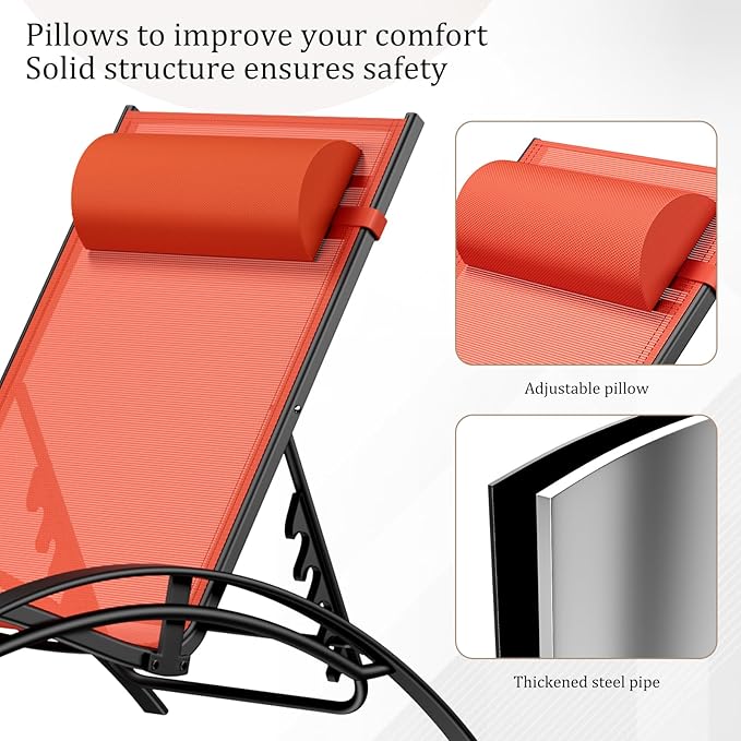 AthLike 3 pcs Poolchairs Patio Chaise Lounge Set with Headrest, 5-Level Adjustable Sunbathing Tanning Poolside Recliner Chairs with Side Table for Outdoor Beach (Orange)