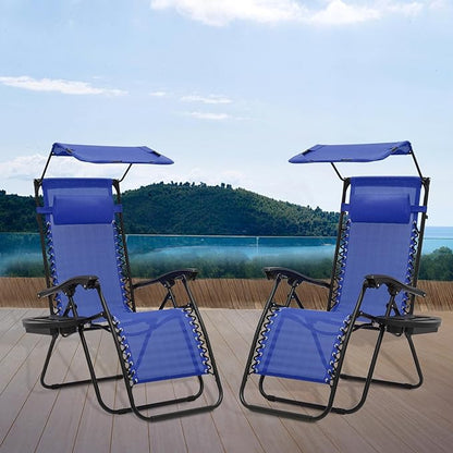 Athena Collection Patio Chairs Set of 2 Reclining Lounge Chair with Cup Holder and Pillow Fabric Camping Chairs with Canopy Foldable Beach Chairs for Garden, Park, Deck, Yard, Poolside, Blue