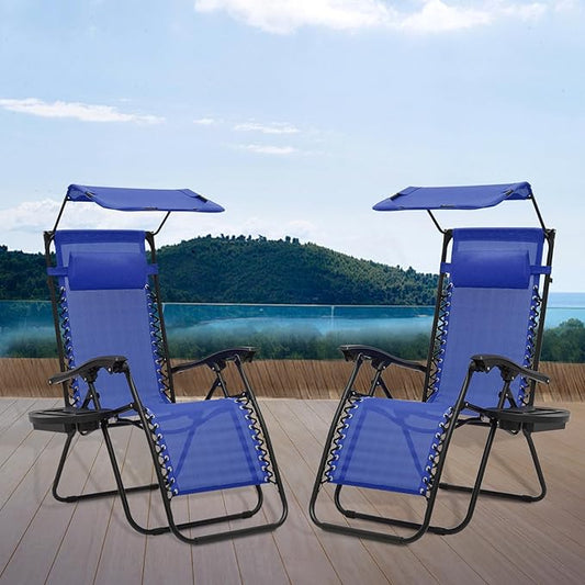 Athena Collection Patio Chairs Set of 2 Reclining Lounge Chair with Cup Holder and Pillow Fabric Camping Chairs with Canopy Foldable Beach Chairs for Garden, Park, Deck, Yard, Poolside, Blue