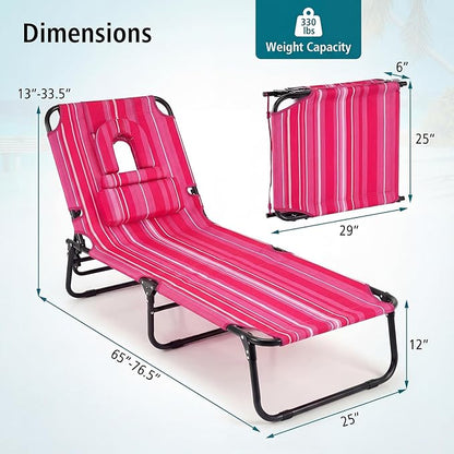 GYMAX Tanning Chair, Folding Lounge Chairs with Face Hole & Cover, Removable Pillow Carry Handle, Portable Compact Outdoor Layout Recliner for Beach, Poolside, Lawn, Patio, Camping (Pink Stripe,2)