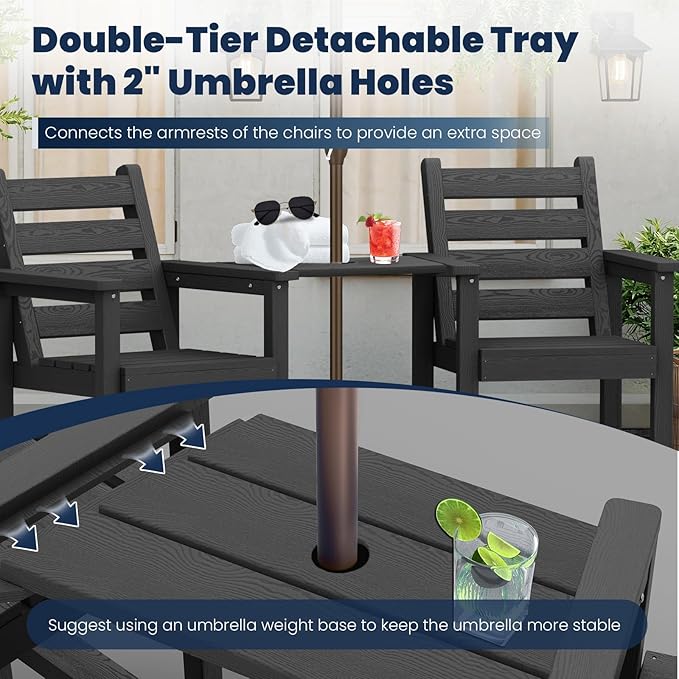 PLUUV Tall Adirondack Chairs Set of 2, All Weather HDPE Poly Bar Height Balcony Adirondack Chair with Removable Double Connecting Trays, Outdoor Adirondack Barstools for Deck, Patio, Yard, Pool, Lawn