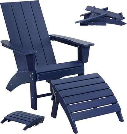 Folding Adirondack Chair with Ottoman Weather Resistant Foldable Fire Pit Chairs with Footrest HDPE Outdoor Adirondack Chair for Patio Front Porch Pool Garden Deck Fire Pit Outside, Navy Blue